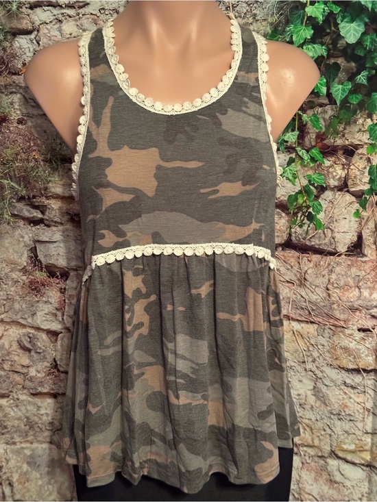 7th Ray Tops - Camo Crochet-Trim Babydoll Tank Top - Green/Brown